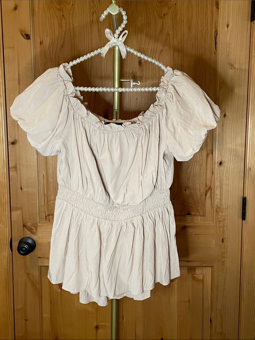Puff-Sleeve Smocked Waist Tunic in Khaki Tan Size M Renascence